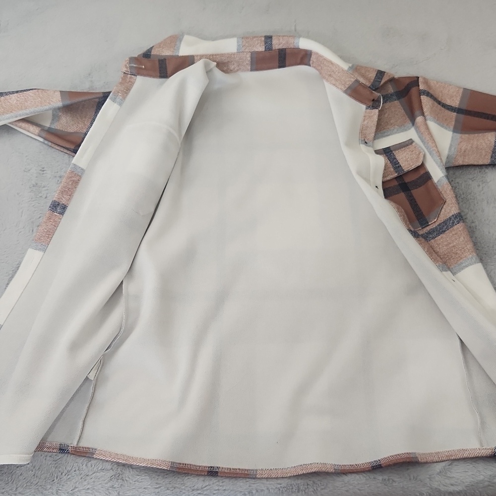 Women's Plaid Shacket Shirt Jacket Tan Cream Button Front Overshirt Lightweight - Picture 9 of 15